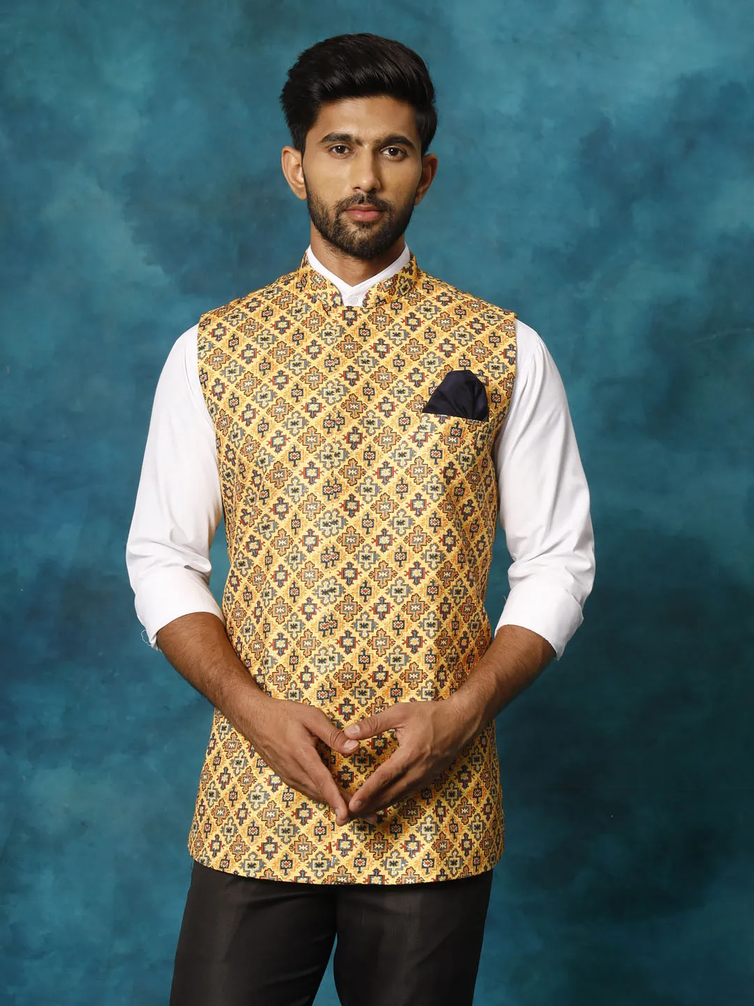 VASTRAMAY Yellow Geometric Print Embellished Nehru Jacket