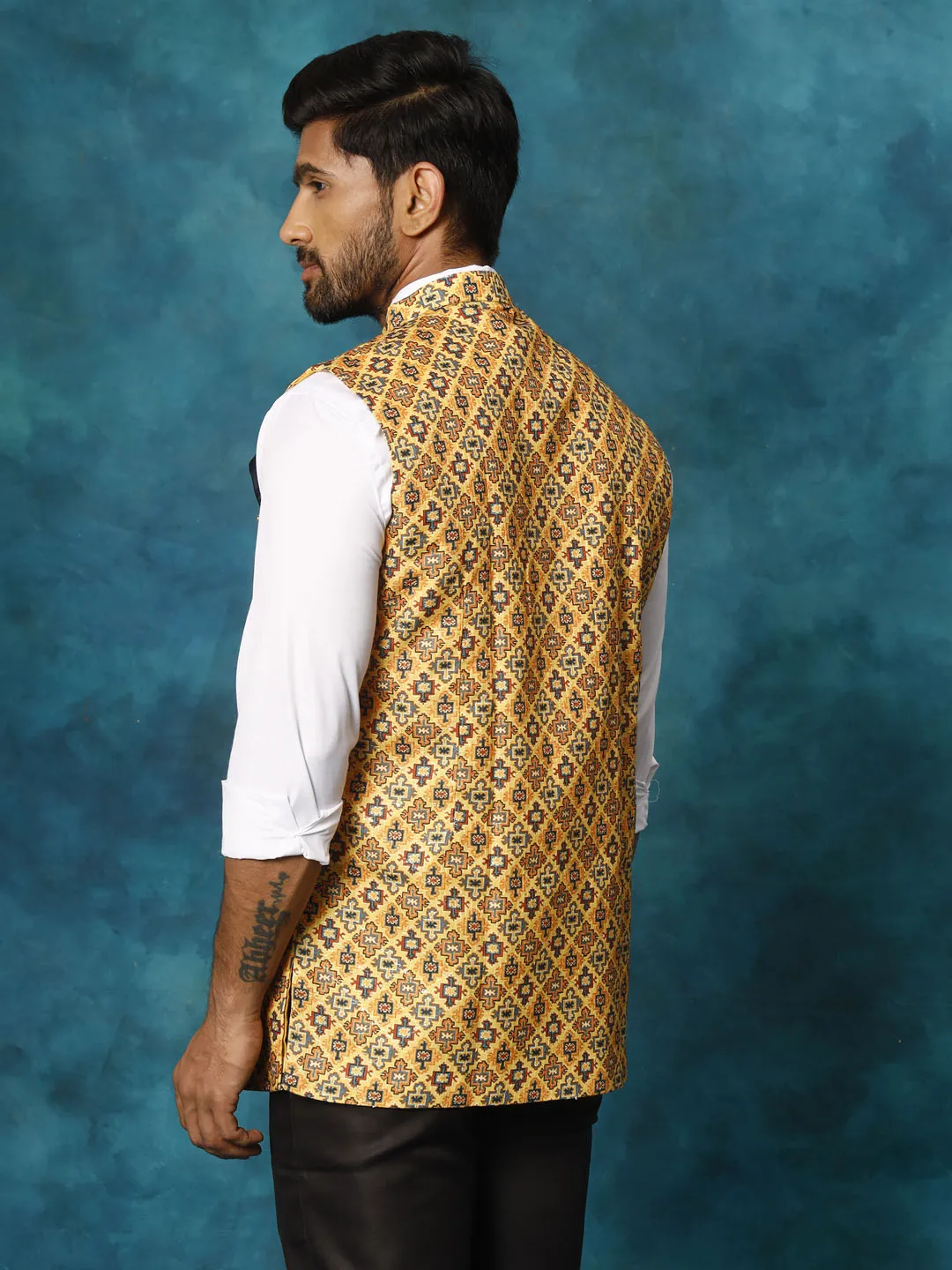 VASTRAMAY Yellow Geometric Print Embellished Nehru Jacket