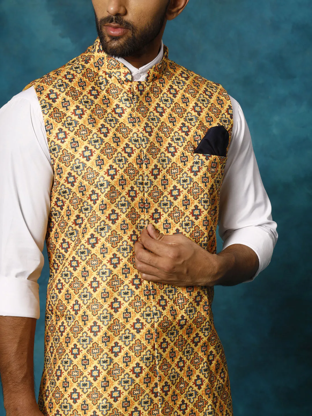 VASTRAMAY Yellow Geometric Print Embellished Nehru Jacket