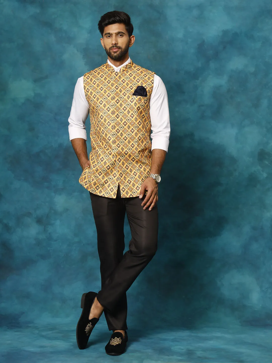 VASTRAMAY Yellow Geometric Print Embellished Nehru Jacket