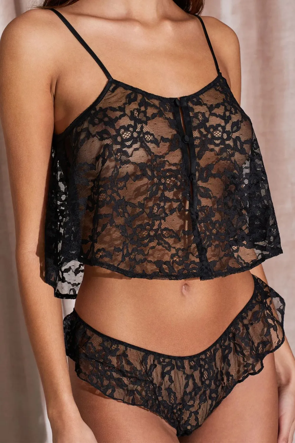 Venus Lace Flutter Cami & Panty Set in Black