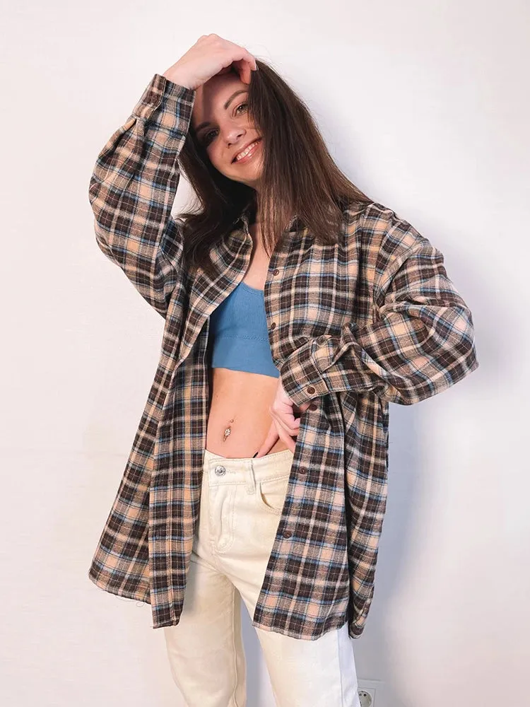 Vintage Plaid Shirts Women Loose Gingham Female Blouse Spring 2024 Button Top Shacket Oversized Long Shirts Ladies