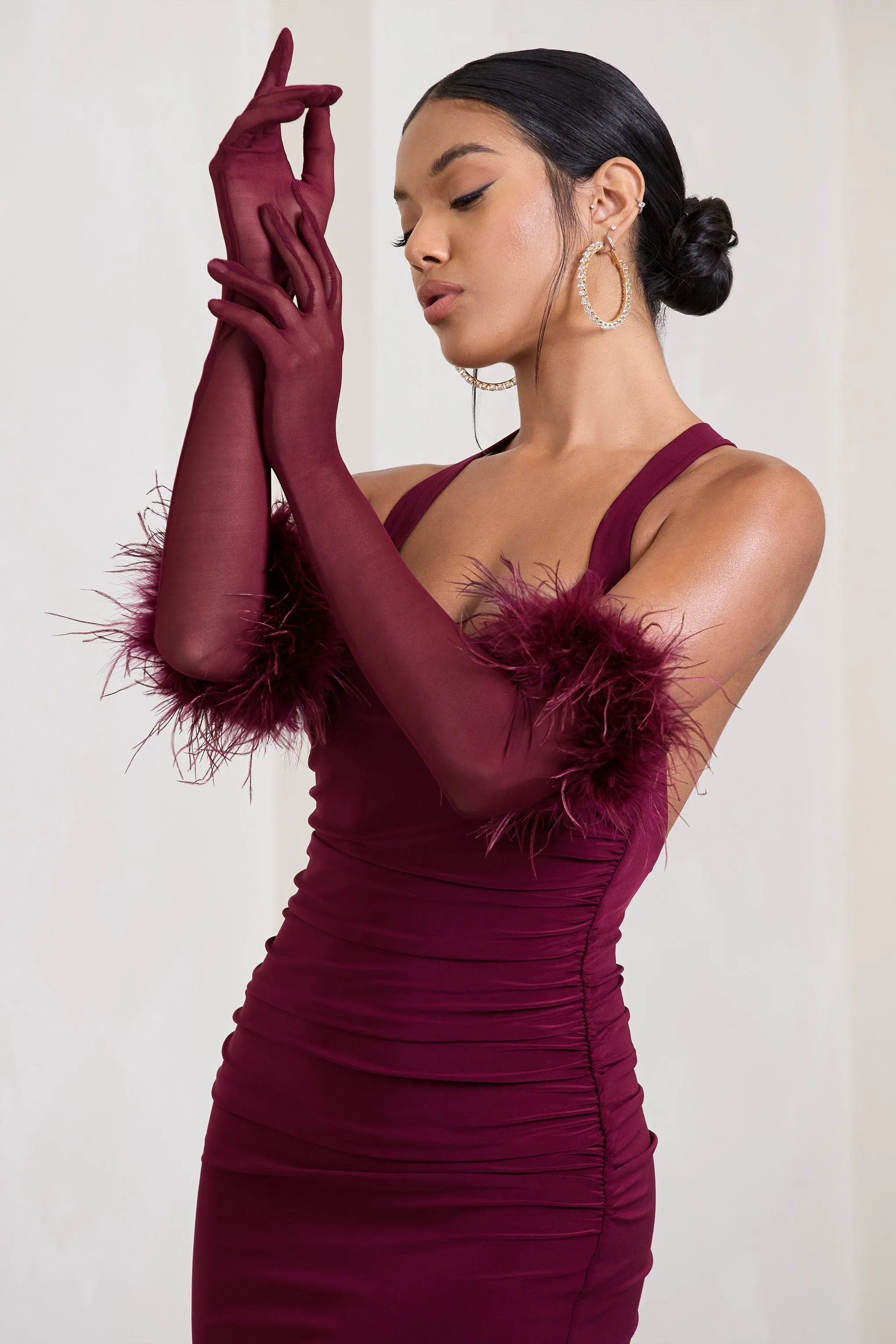 Watch & Wave | Burgundy Sheer Long Feather Gloves