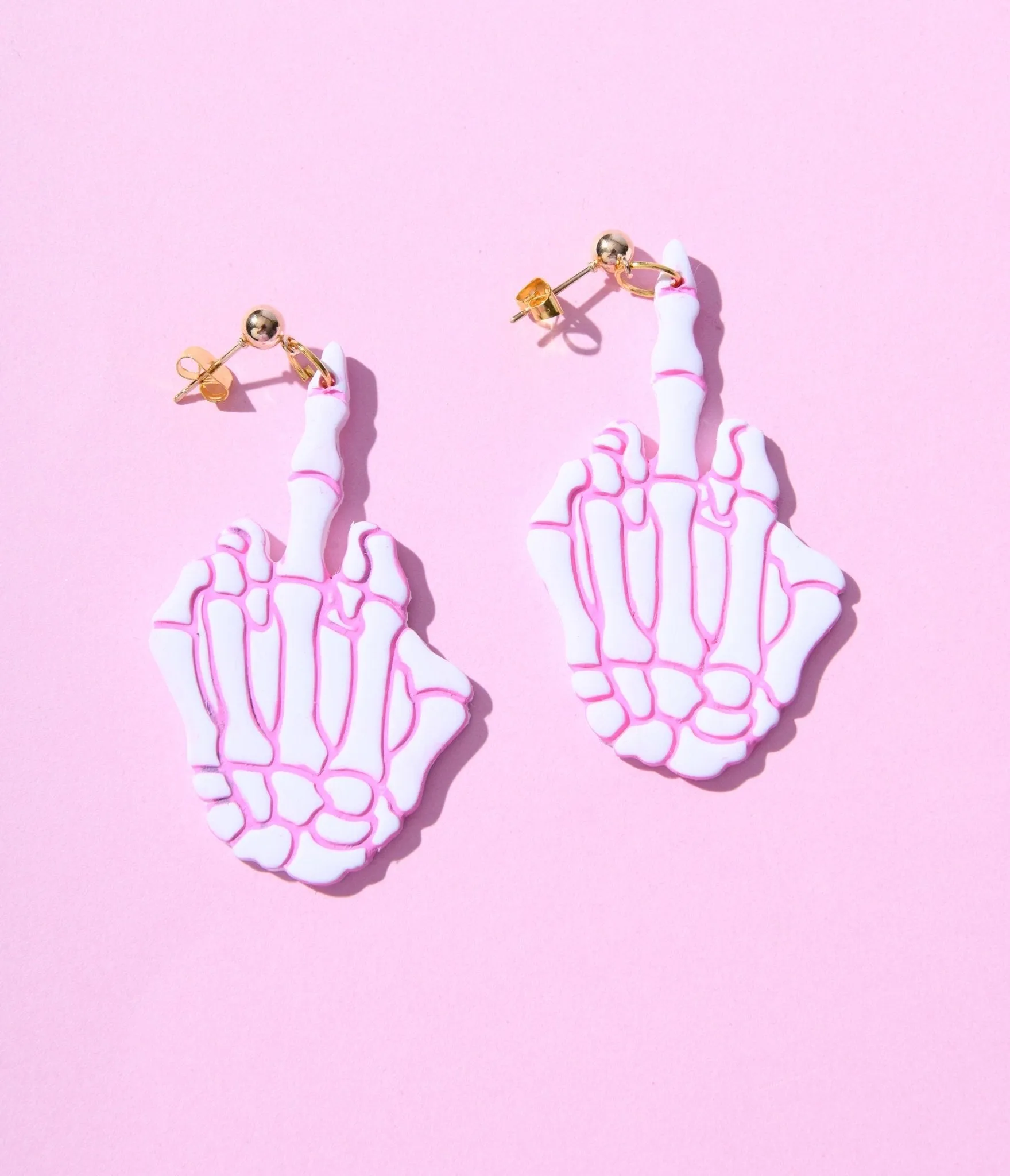 White & Pink Middle Finger Skeleton Earrings