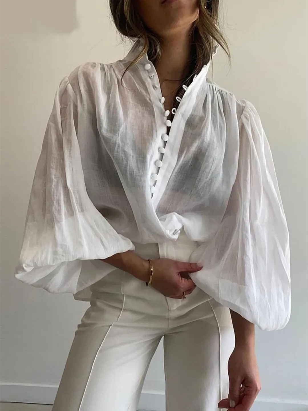 White Cotton Woman Blouse 2024 Elegant Stand Collar Puff Sleeve Shirts Casaul Classic Blusa Tops Female Clothing