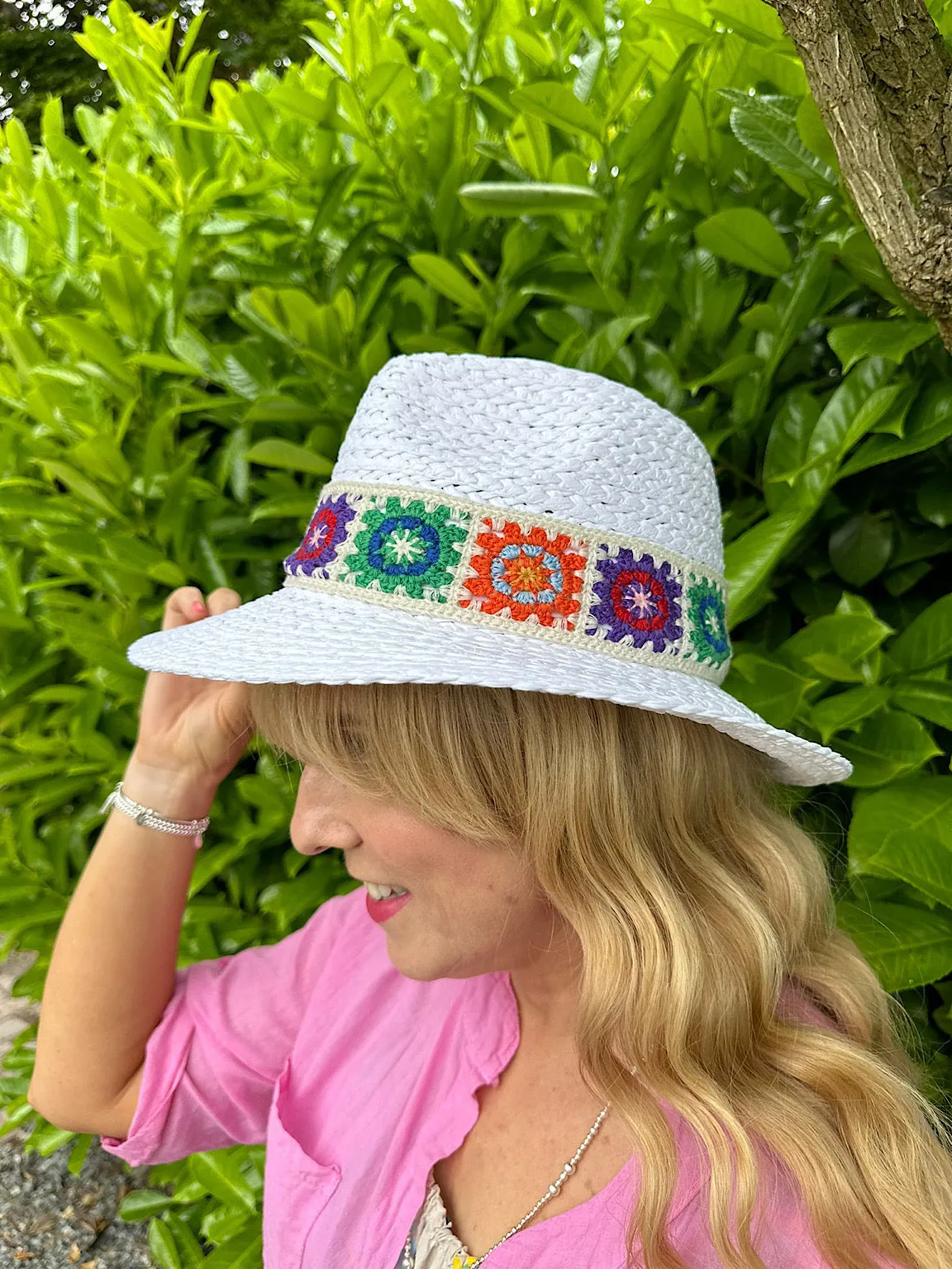 White Crochet Detail Weave Hat