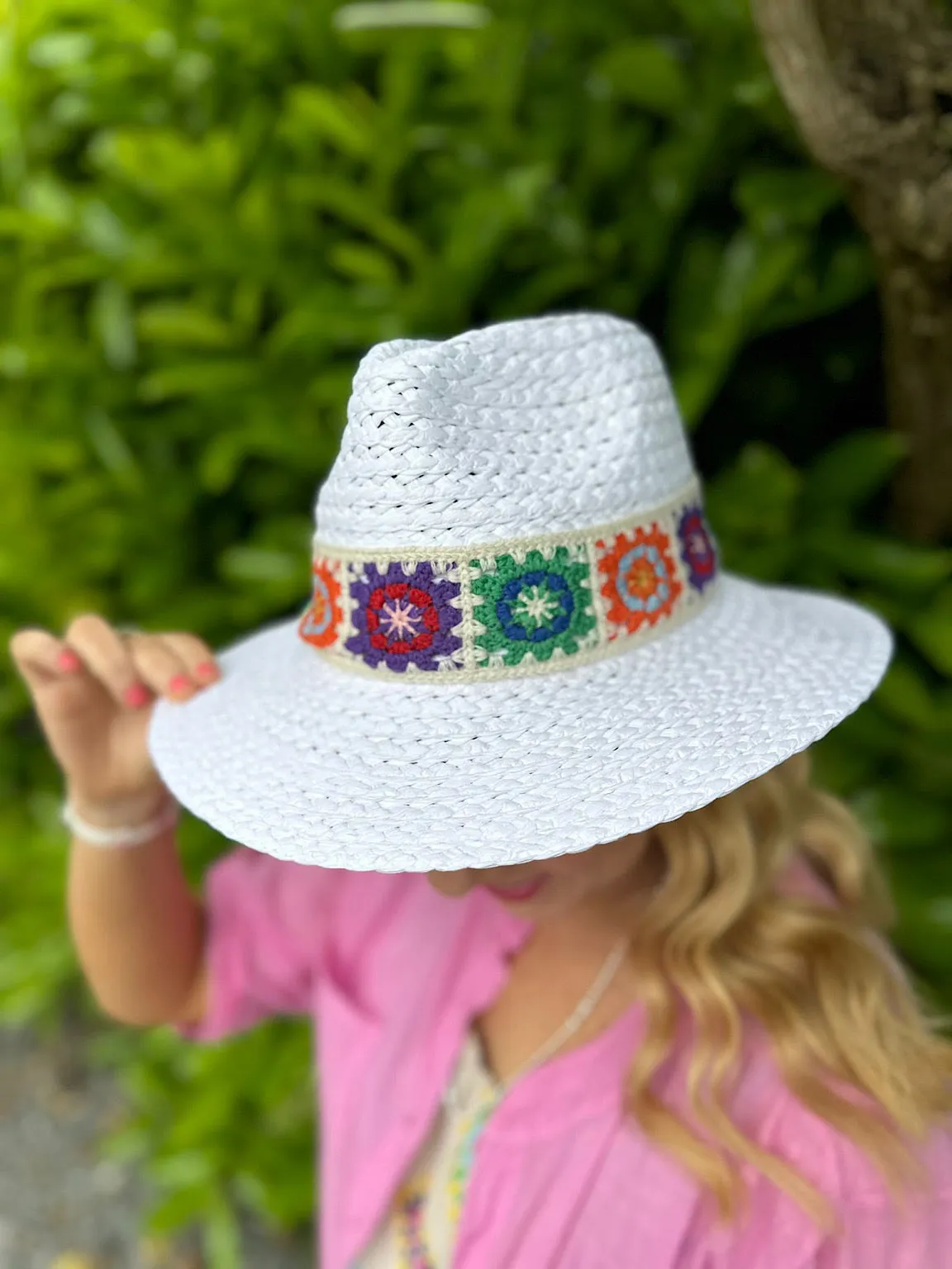 White Crochet Detail Weave Hat