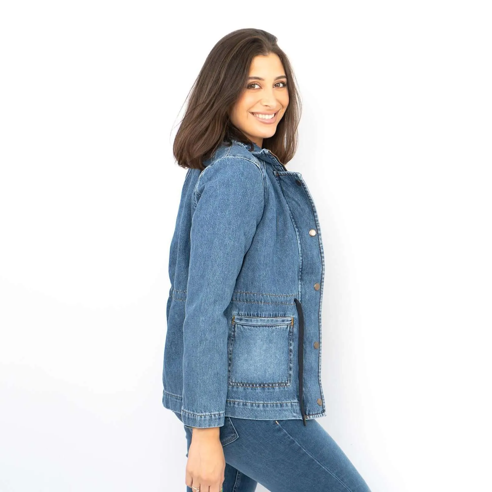 White Stuff Layla Blue Denim Jacket Long Sleeve Adjustable Waist with Pockets