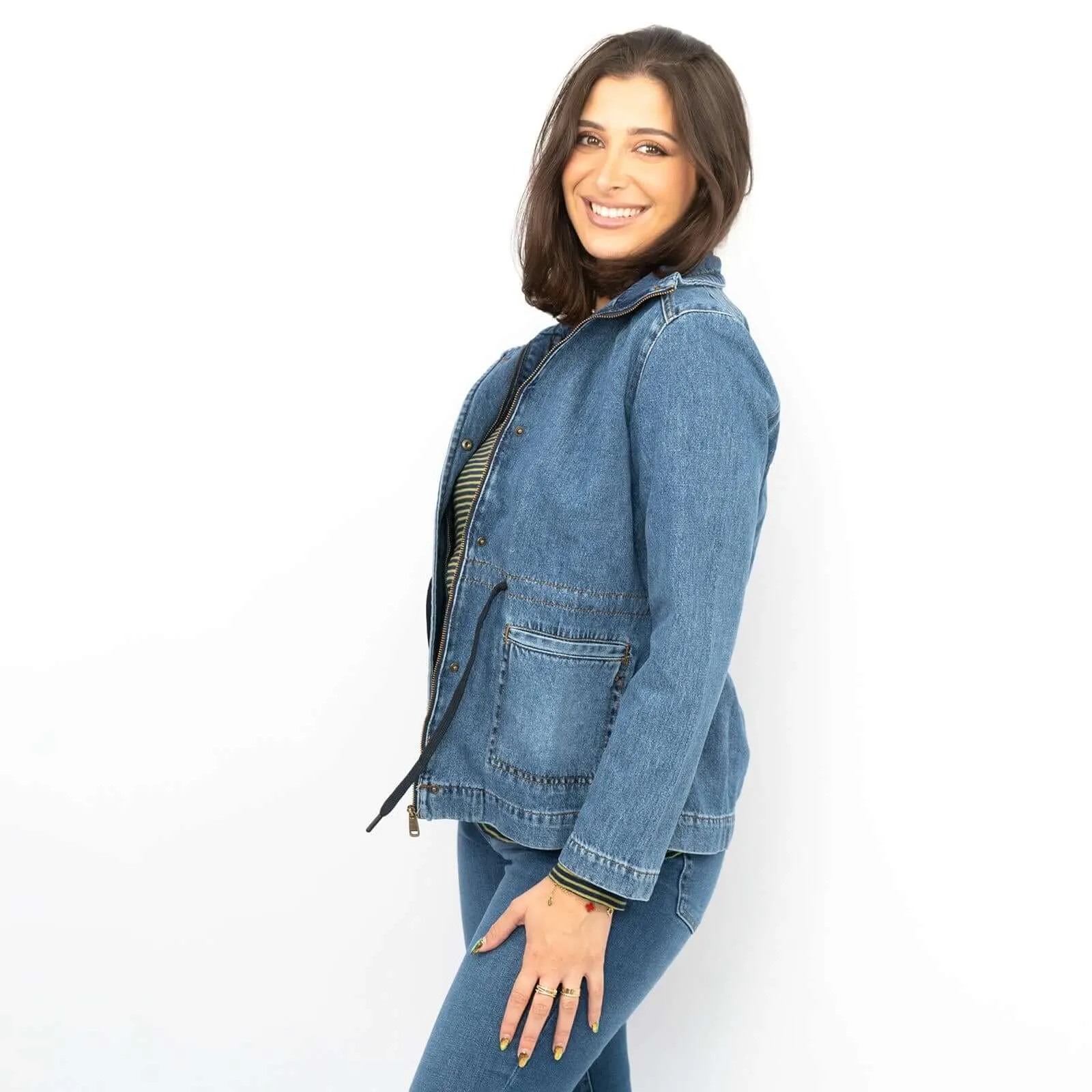 White Stuff Layla Blue Denim Jacket Long Sleeve Adjustable Waist with Pockets