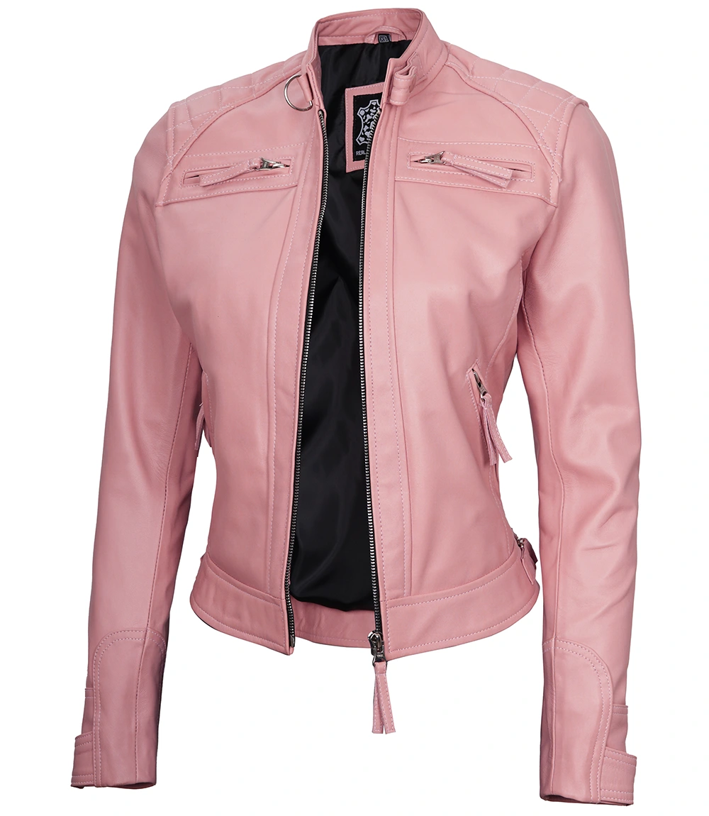 Women Pink Diamond Cafe Racer Real Leather Jacket