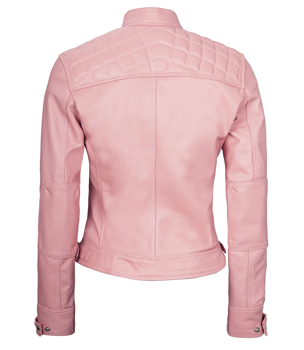 Women Pink Diamond Cafe Racer Real Leather Jacket