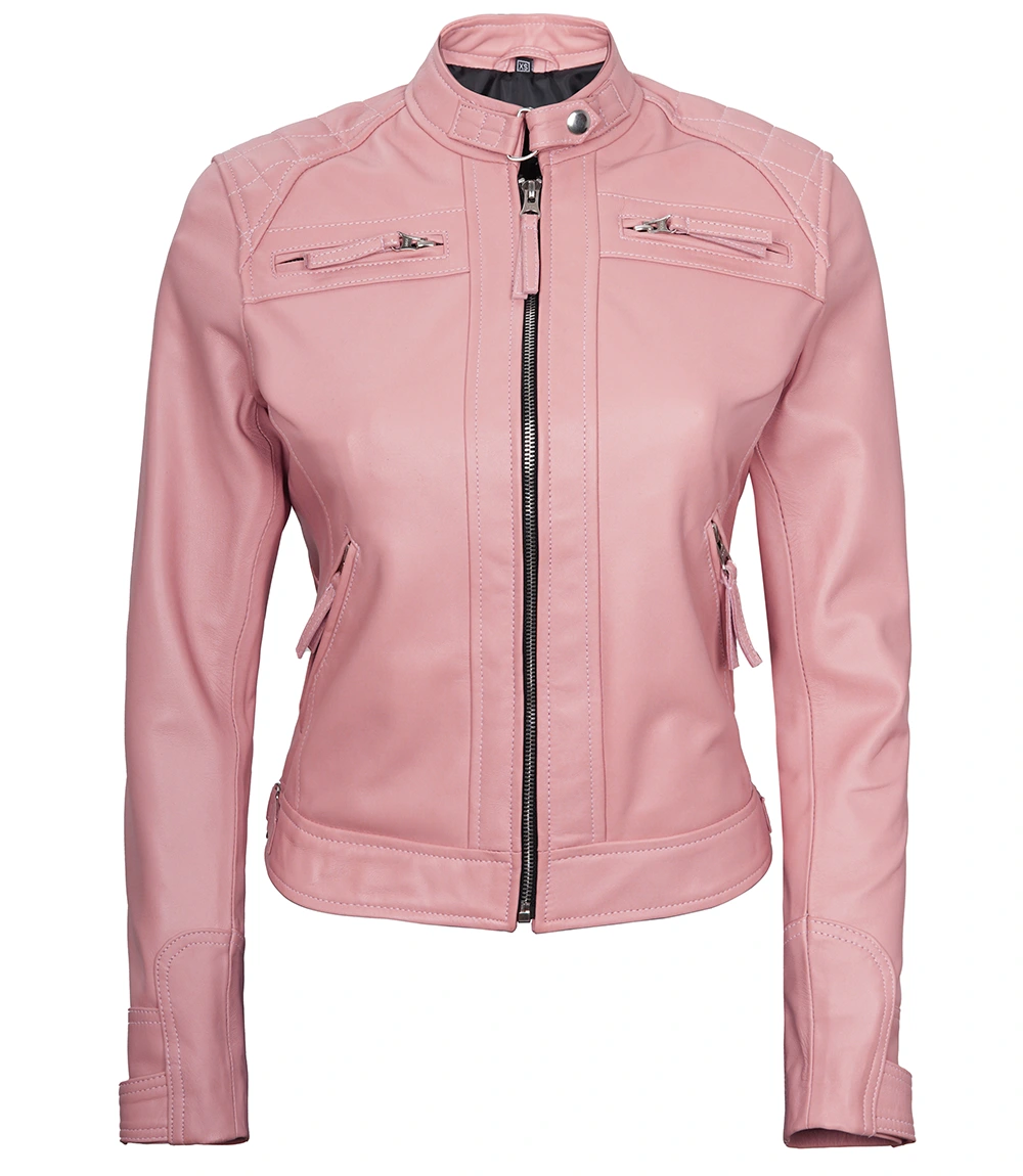 Women Pink Diamond Cafe Racer Real Leather Jacket