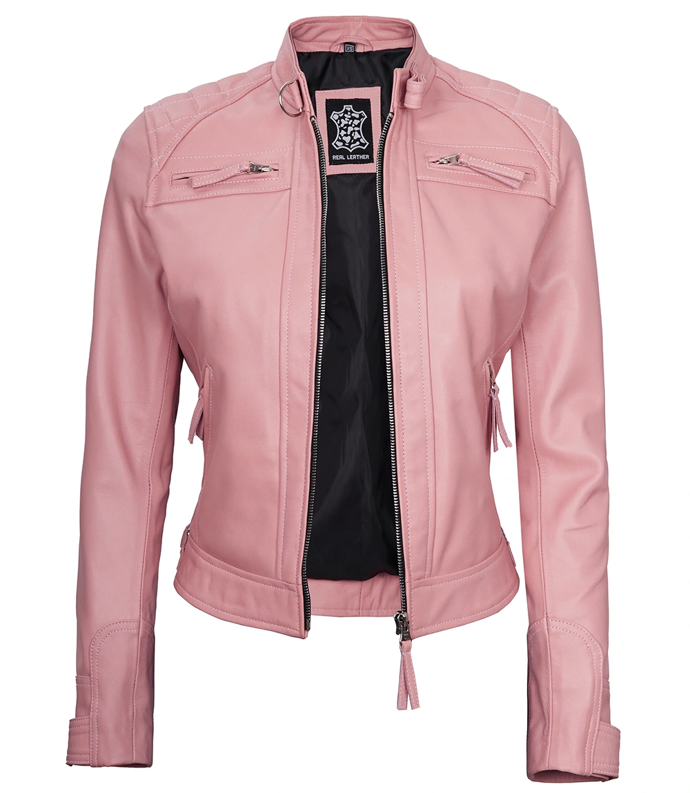 Women Pink Diamond Cafe Racer Real Leather Jacket