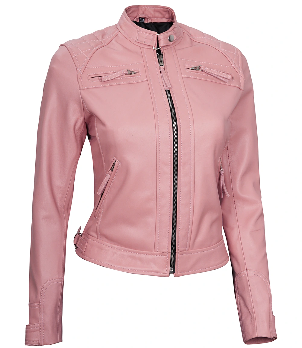 Women Pink Diamond Cafe Racer Real Leather Jacket