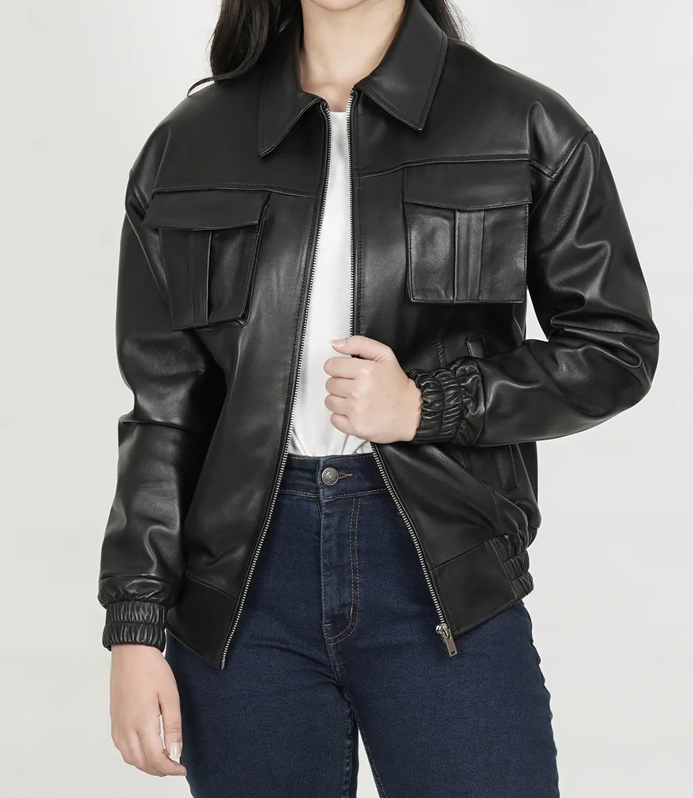 Women's Black Leather Bomber Jacket​ Oversized