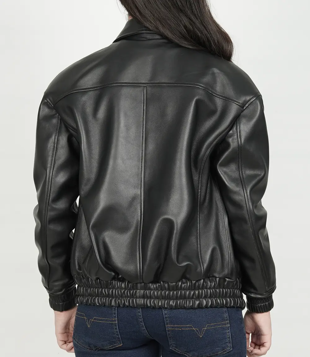 Women's Black Leather Bomber Jacket​ Oversized