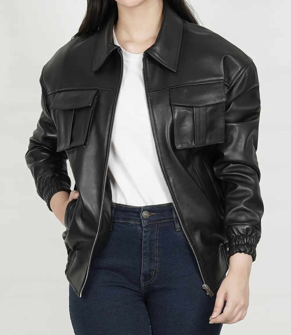 Women's Black Leather Bomber Jacket​ Oversized