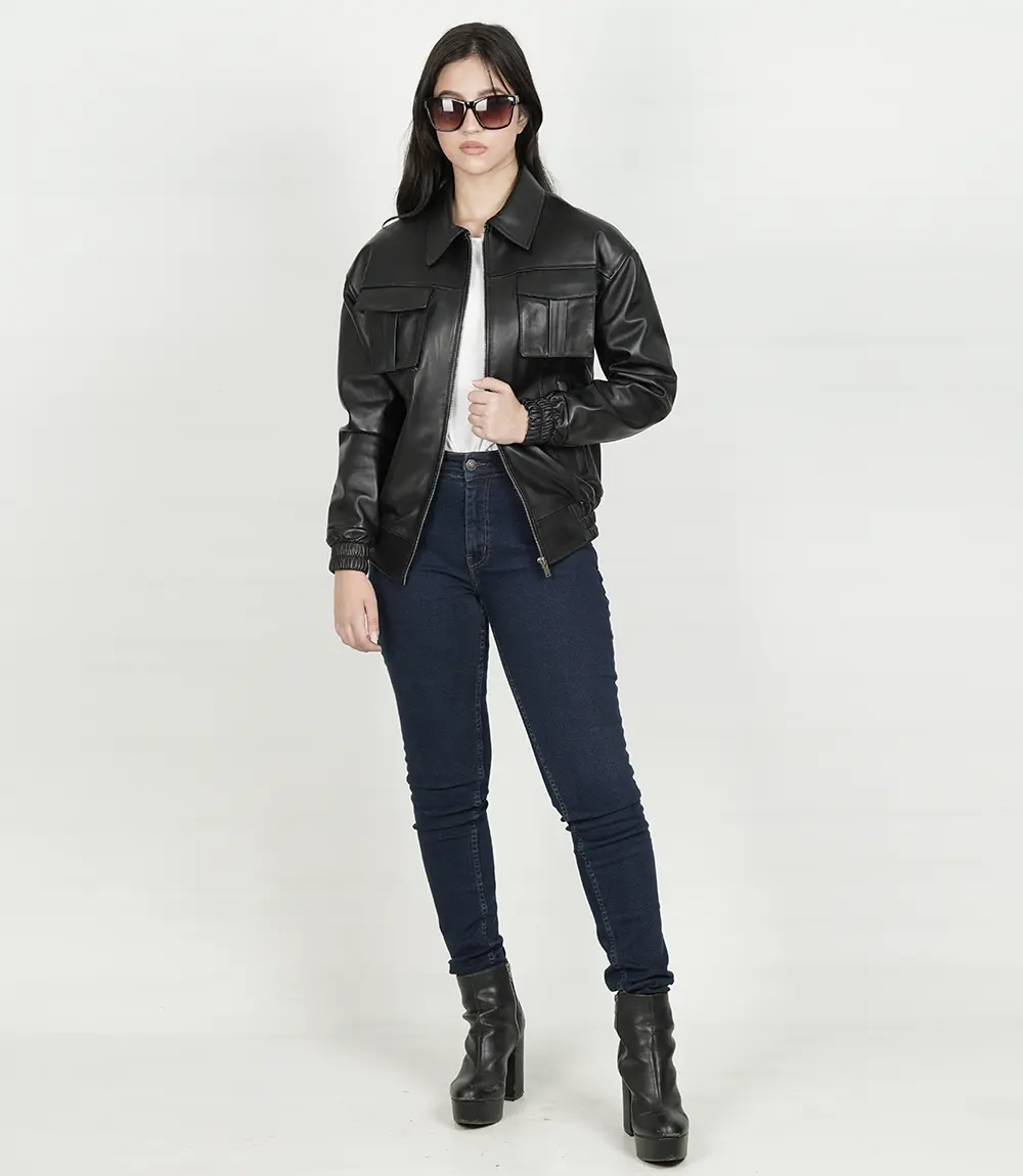 Women's Black Leather Bomber Jacket​ Oversized