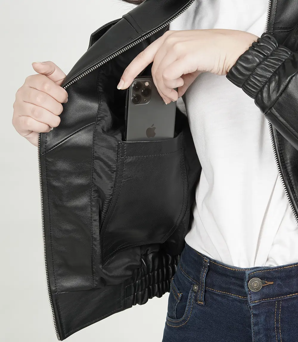 Women's Black Leather Bomber Jacket​ Oversized