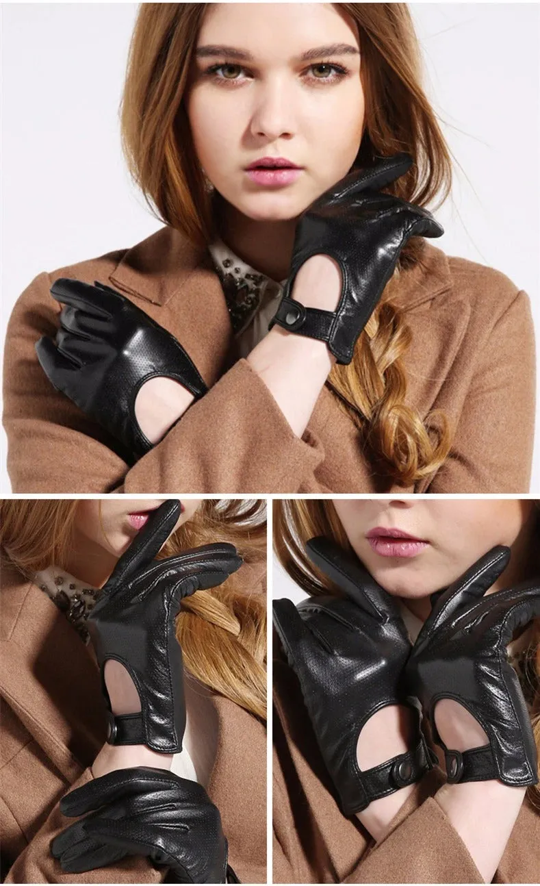 Women's Goatskin Genuine Leather Fashion Black Unlined Driving Gloves