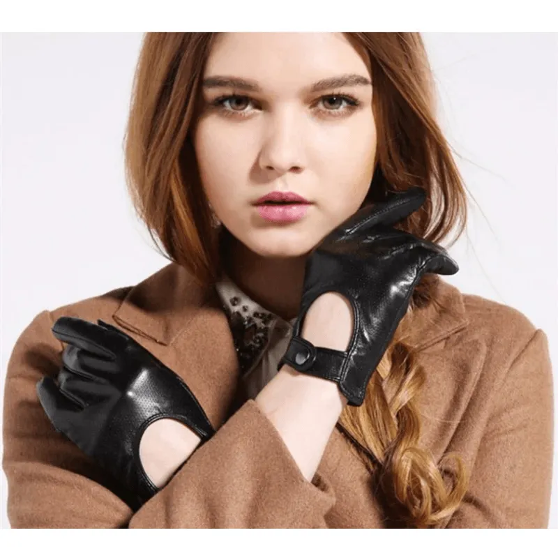 Women's Goatskin Genuine Leather Fashion Black Unlined Driving Gloves