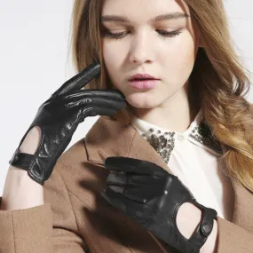 Women's Goatskin Genuine Leather Fashion Black Unlined Driving Gloves