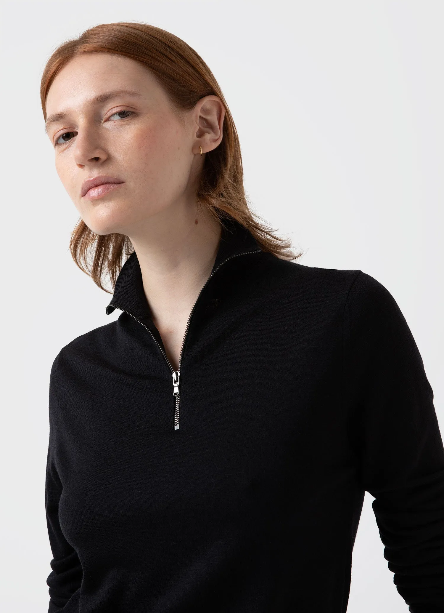 Women's Merino Silk Zip Neck Jumper in Black